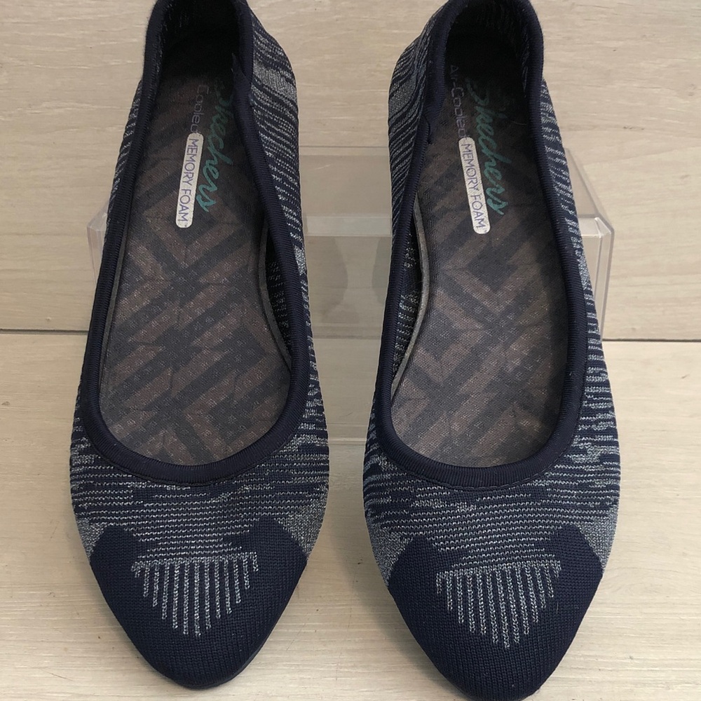 Skechers Cleo Razz Dazz Silver & Dark Blue Stretchy Ballerina Flats Pattern Sz 8
